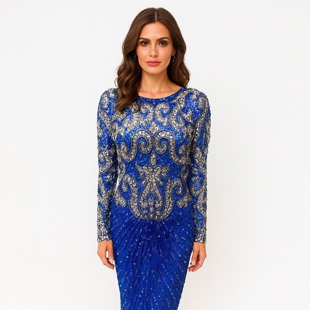 Vintage Sweelo Blue Long Sleeve Sequin Cocktail Dress Size Medium